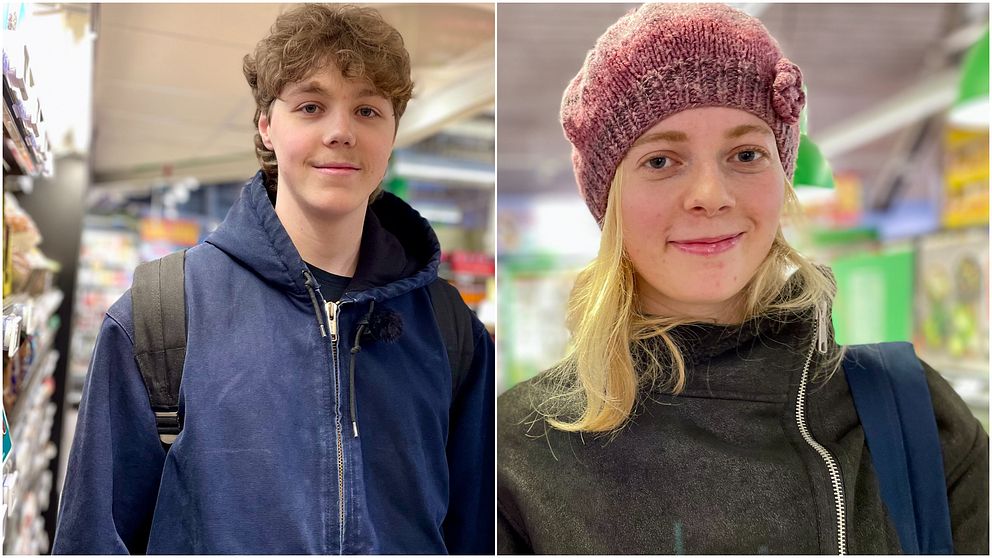 En delad bild med två personer i en butiksmiljö. Den första personen har på sig en mörkblå jacka och har en ryggsäck. Den andra personen bär en stickad mössa och en mörk jacka. Både personer står framför hyllor som verkar vara fyllda med varor.