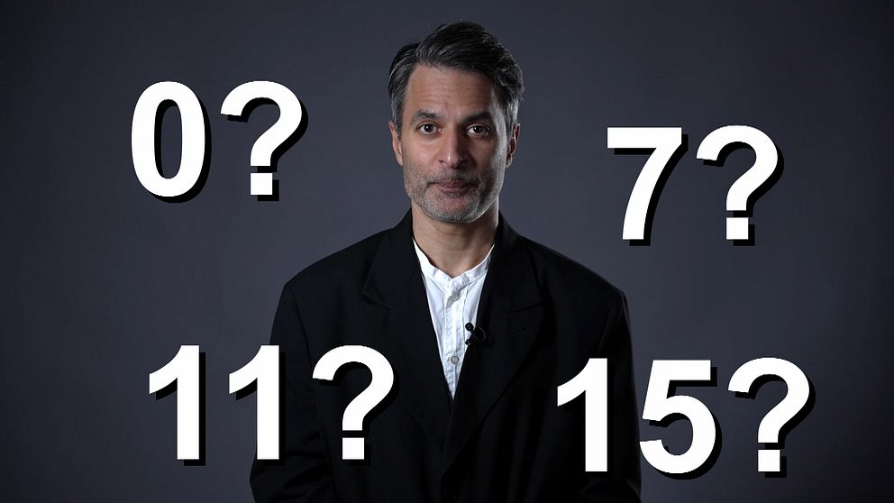 Mörkklädd person, frågetecken med olika siffror 0?, 7?, 11?, 15? syns ovanför.