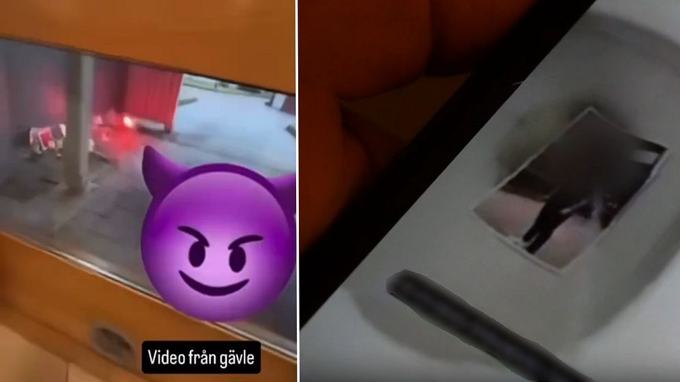 Delad bild. Vänster: skärm med lila djävuls-emoji. Höger: bild på ett fotografi som någon urinerar på