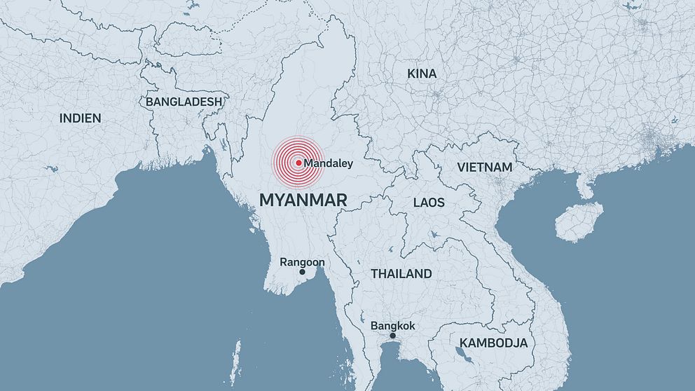 Karta över Sydostasien med Myanmar. Mandalay markerad med röd cirkel.