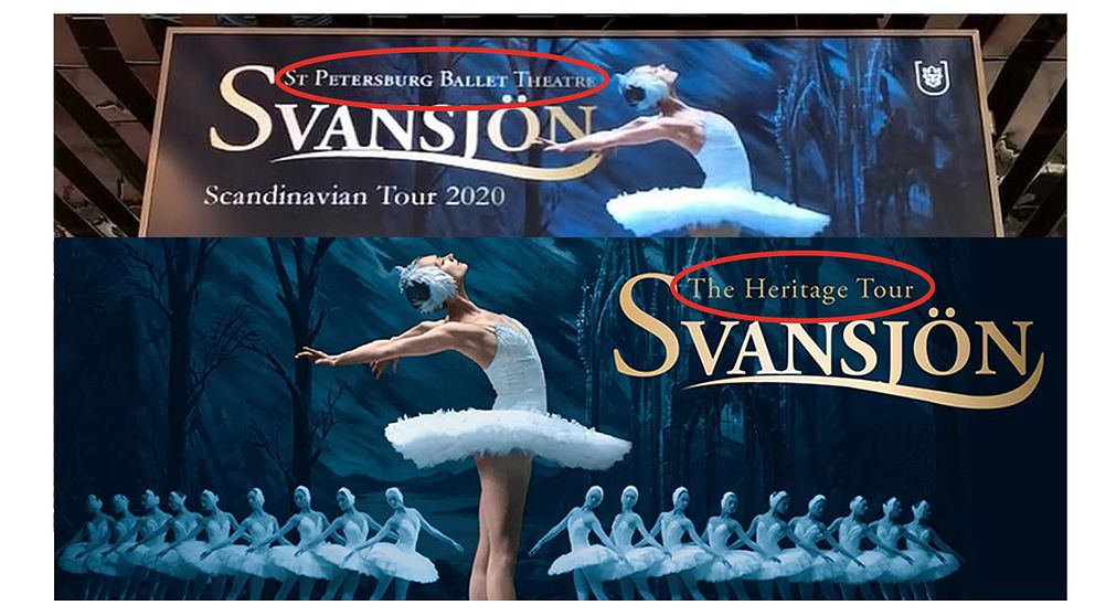 Översta sektionen visar en affisch för ”Svan­sjön” med St Petersburg Ballet Theater, Scandinavian Tour 2020, där en ballerina i vit tutu utför en dansrörelse. Den nedre sektionen innehåller en liknande design, men med texten ”The Heritage Tour”, och visar en ballerina omgiven av en grupp andra ballerinor i bakgrunden.