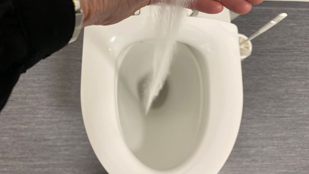 Hand som häller pulveraktigt ämne i en toalett.