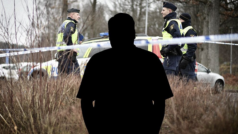 Silhuett framför en bild på poliser vid brottsplatsen.