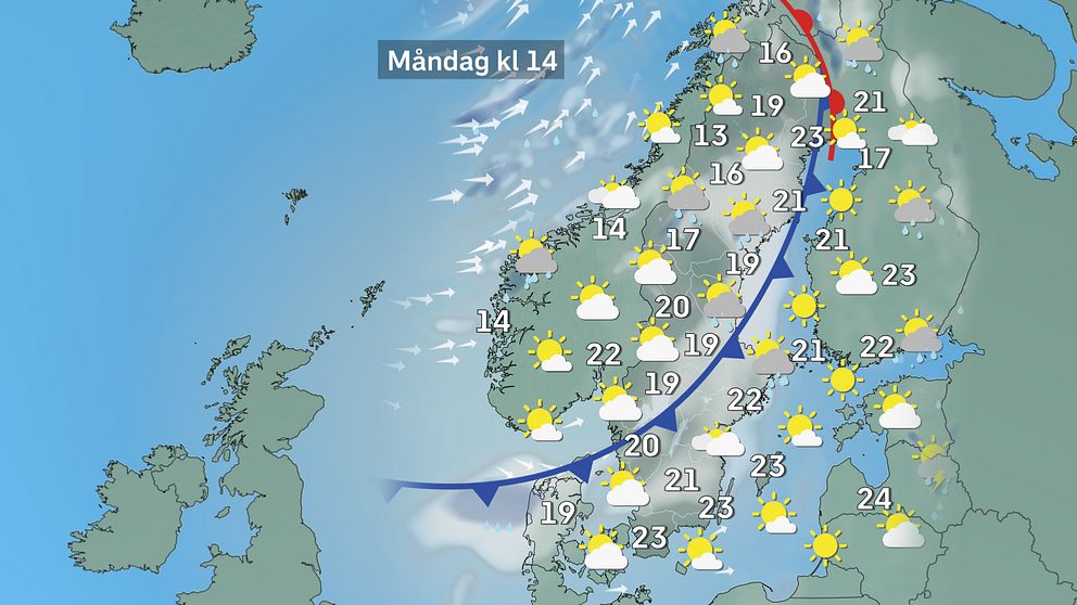 Prognoskarta som visar väderläget i Sverige på måndag.