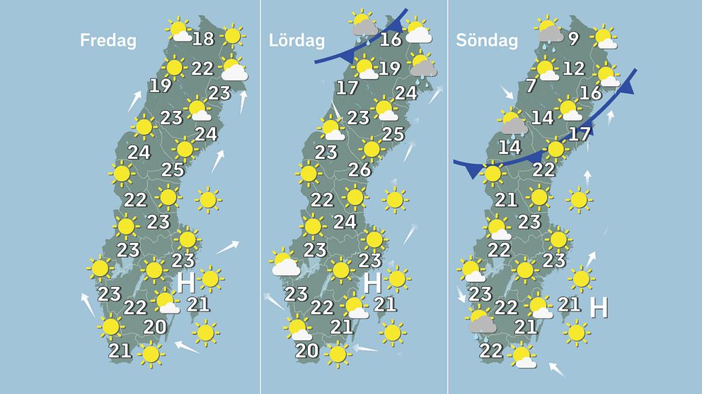 Prognoskarta som visar vädret i Sverige på fredag, lördag (pingstafton) och söndag (pingstdagen).