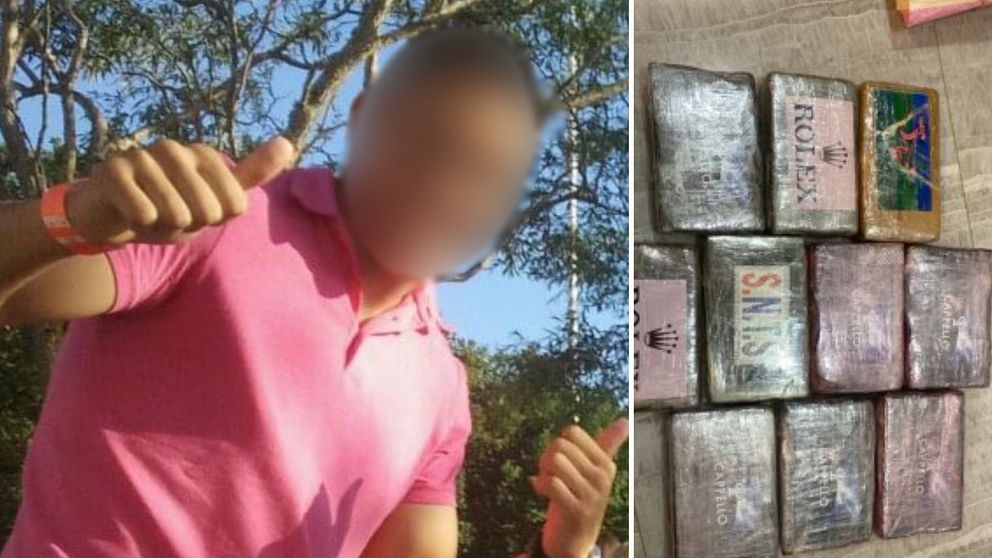 Tvådelad bild. Till vänster: man med suddat ansikte i rosa tröja. Till höger: packade kakor narkotika.