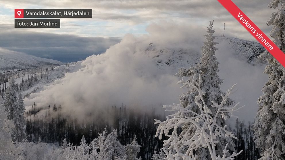 Hovde i Vemdalsskalet insvept i dimmoln skapade av snökanoner den 15 november. Foto: Jan Morlind.