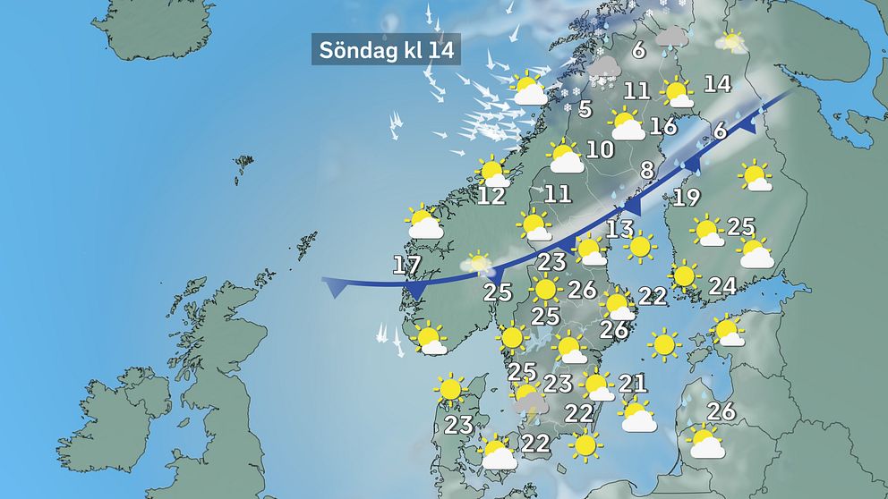 Prognoskarta som visar vädret i Sverige på söndag.