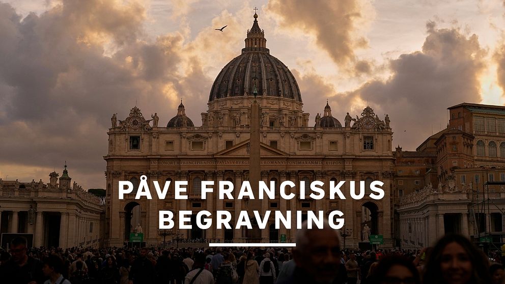 Peterskyrkan i solnedgång med texten ”Påve Franciskus begravning” över bilden.