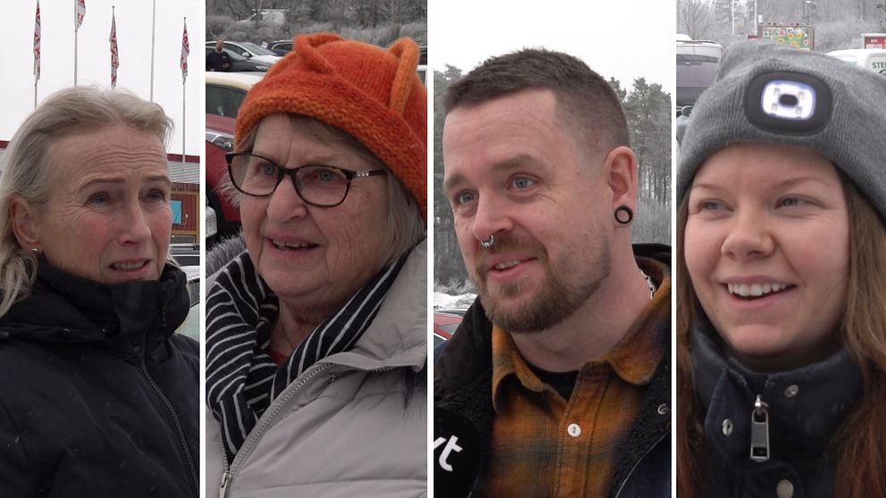 Fyra personer utomhus i vintermiljö, klädda i varma jackor och mössor, syns i olika sektioner av bilden. Flaggor och snöklädda träd finns i bakgrunden.