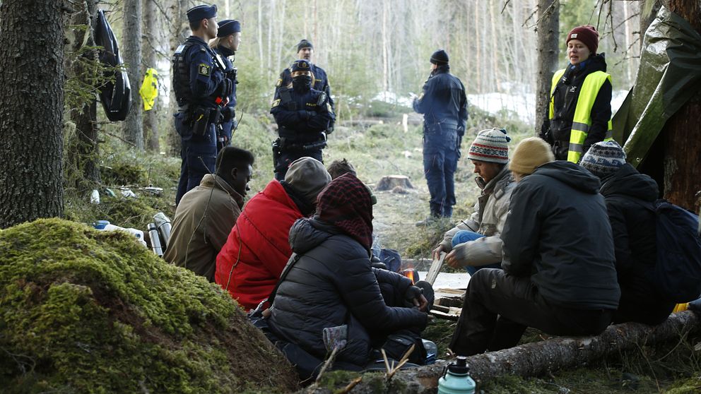 Protestgrupp sitter i skog med dialog mellan demonstranter och poliser.