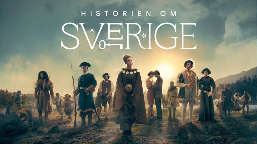 Historiska figurer i motljus och programtiteln Historien om Sverige,