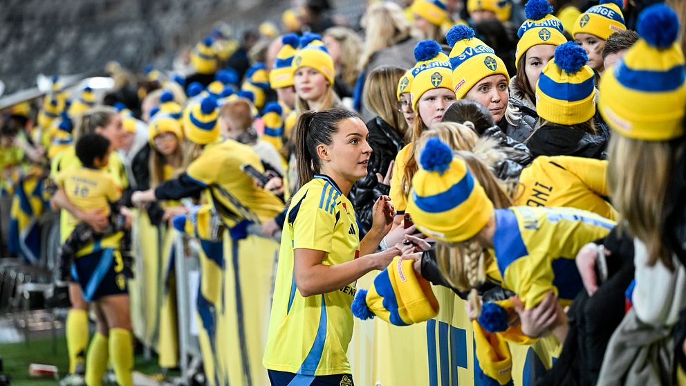 En samling av fans i gula och blå kläder, med matchande mössor, samlas vid en avspärrning för att heja och interagera med spelare efter en fotbollsmatch. Runt om dem finns ett festligt och energiskt stämning.