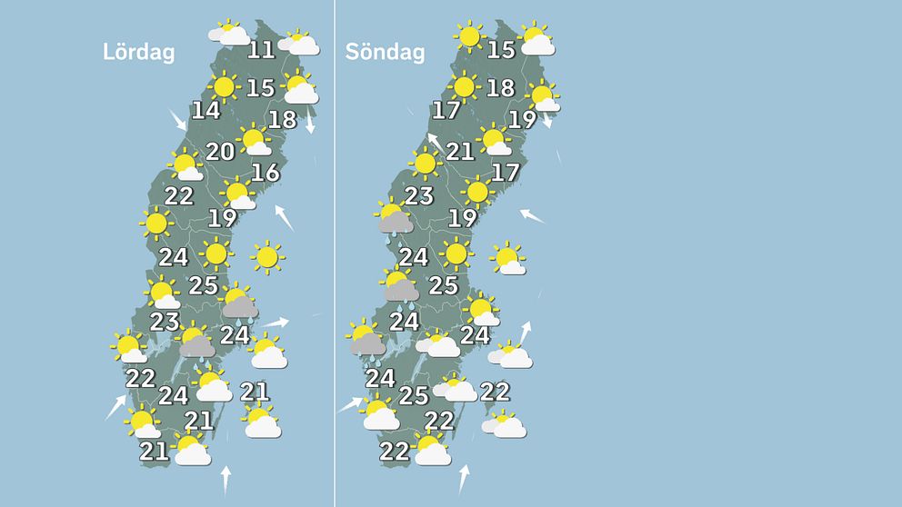 Kartor med väderprognos för lördag och söndag.