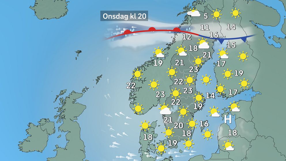 Prognoskarta som visar vädret i Sverige på onsdag kväll.