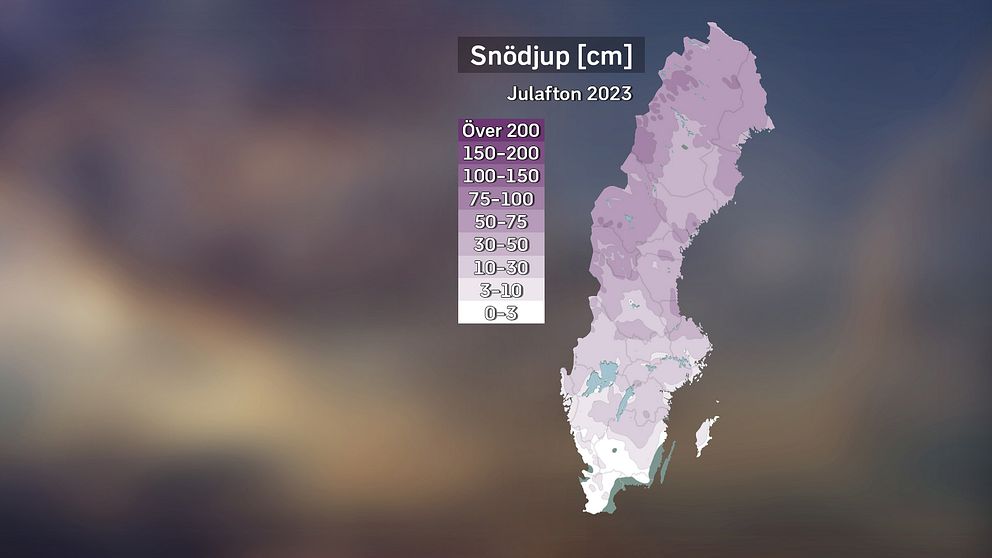 Grov analys av snödjupet i landet på julaftonens morgon den 24 december 2023. Källa: SMHI.