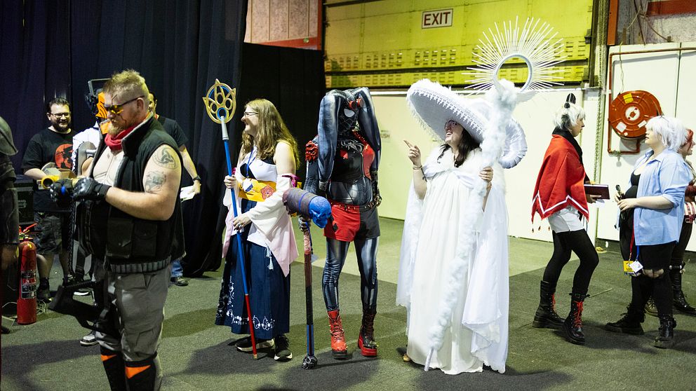 Personer klädda i fantasifulla cosplaydräkter står samlade inomhus.