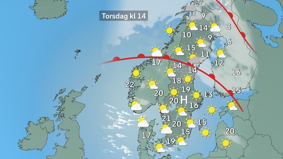 Prognoskarta för vädret i Sverige på torsdag.