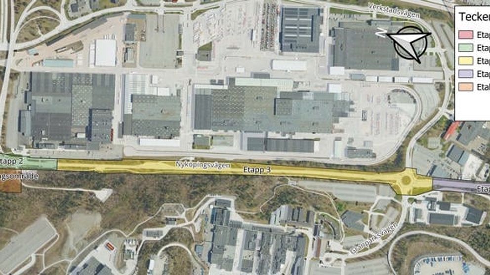 Karta över vägbygge i fyra etapper vid köpcentrum, med färgkodad tidsplan.