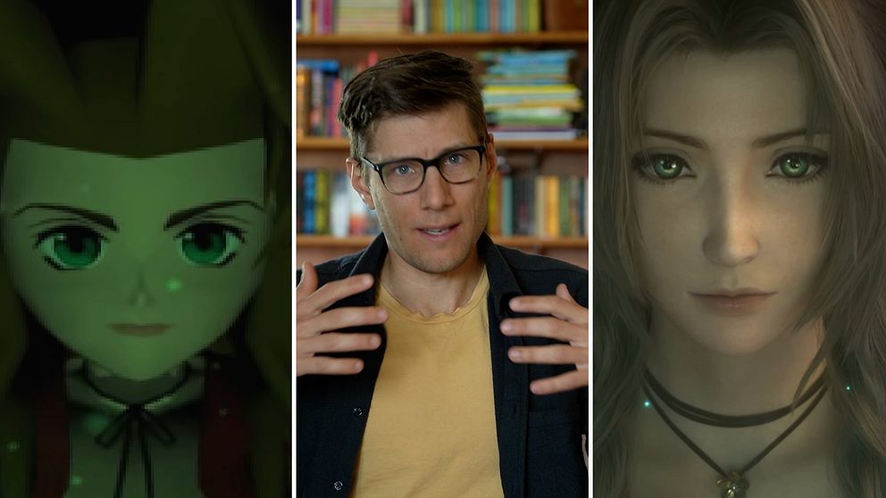Två bilder ur spelet Final Fantasy 7 och speljournalisten Anton Vretander