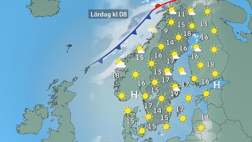 Prognoskarta som visar vädret i Sverige på lördag morgon.