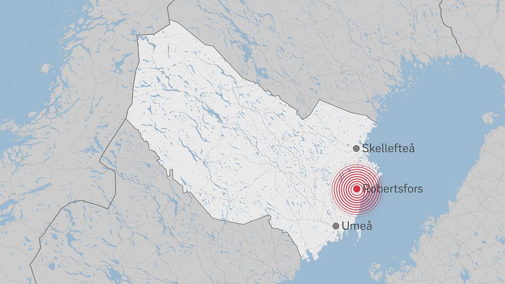 Karta över Västerbottens län med en röd markering på området kring Robertsfors.