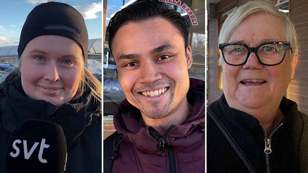 Tredelad bild. Vänster: SVT-mikrofon utomhus. Mitten och höger: personer med suddade ansikten.