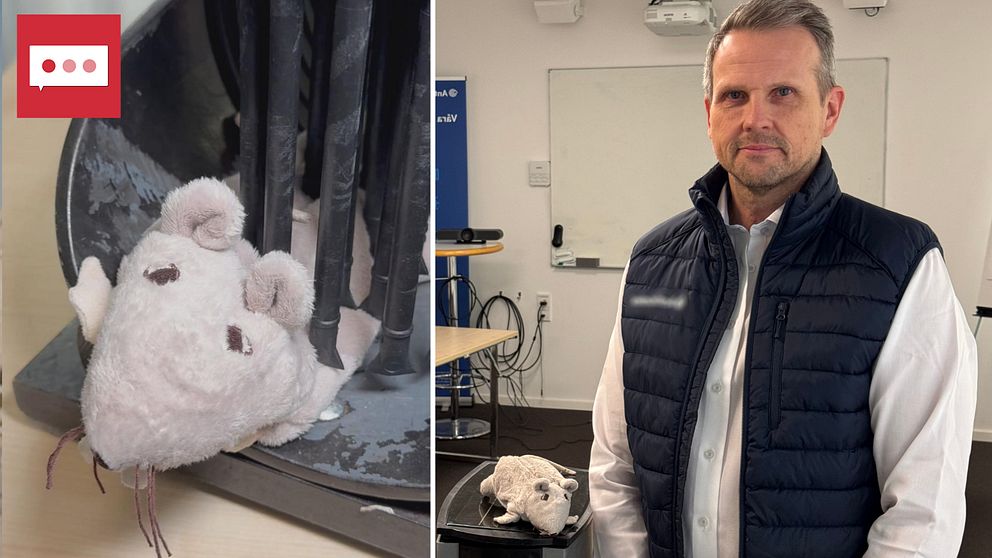 En delad bild: Till vänster visas en sliten leksaksmus placerad i vad som ser ut att vara en eldstad eller spis. Till höger står en man i vita skjorta och mörkblå väst framför ett skrivbord där samma leksaksmus är placerad.