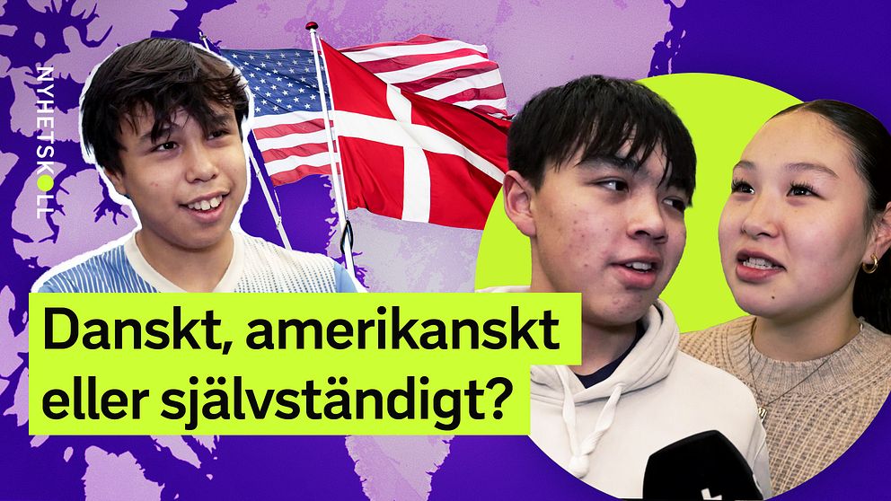 Tredelad bild. Vänster: dansk och amerikansk flagga. Mitten och höger: frågan ”Danskt, amerikanskt eller självständigt?”. Ungdomar från Grönland får frågan om hur de vill att landets framtid ska se ut.