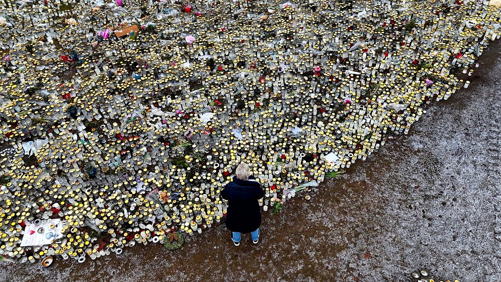 Person ser ut över ett hav av blommor utlagda på marken vid minnesplatsen efter masskjutningen vid Campus Risbergska.