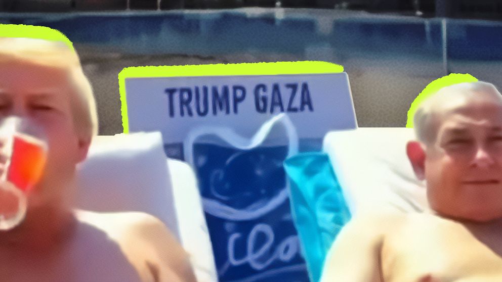 En AI-genererad bild från Donald Trumps instagramkonto, som visar hur han tillsammans med Israels premiärminister Benjamin Netanyahu ligger iklädd badbyxor i en solstol vid en pool. I handen har dom varsin dryck.