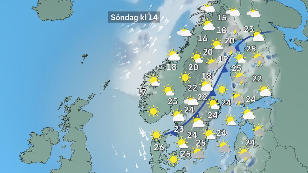Prognoskarta som visar väderläget i Sverige på söndag.