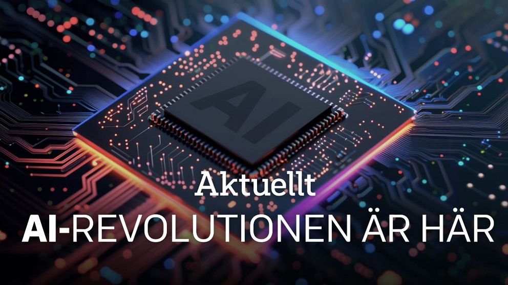 AI-chip med text ”AI-revolutionen är här” på en kretskortsbakgrund.