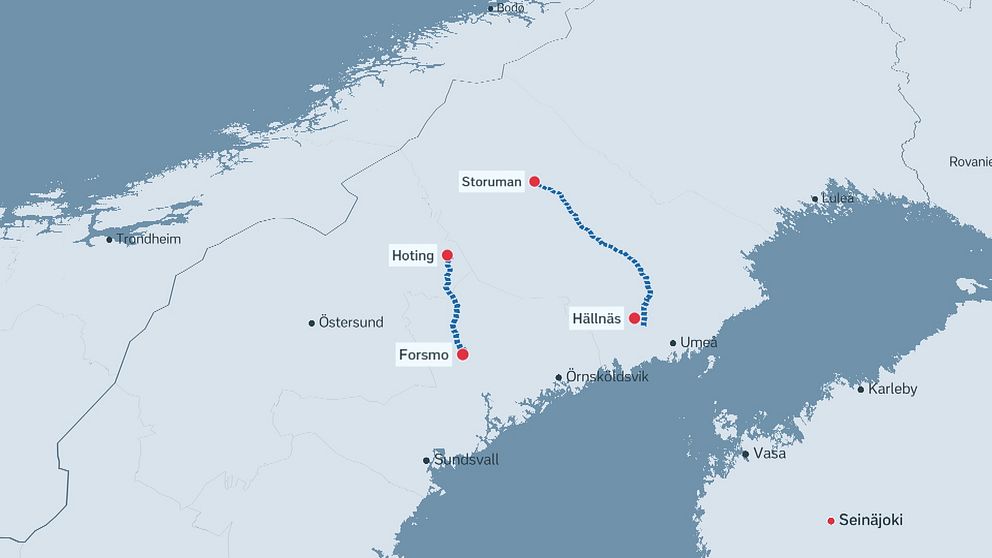 kartgrafik över tvärbanor i Norrland – sträckorna Hoting-Forsmo och Storuman-Hällnäs markerade.