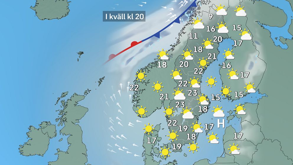 Prognoskarta som visar vädret i Sverige i kväll.