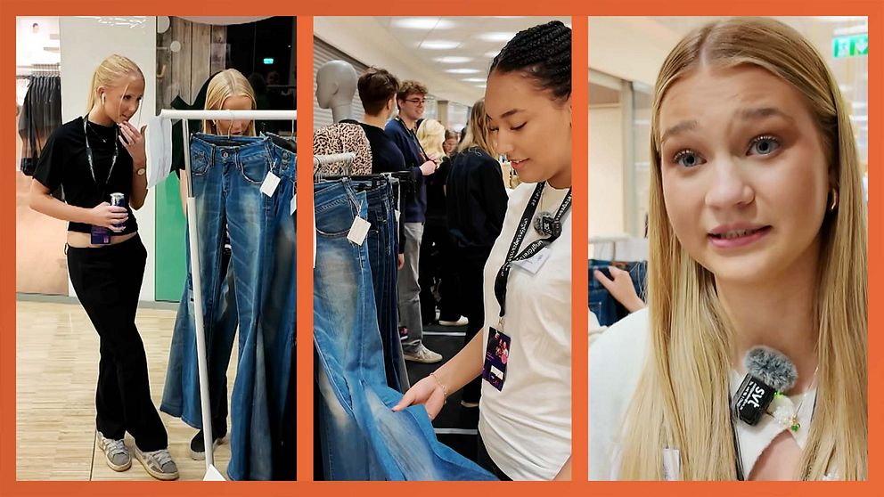 Tredelad bild. Vänster: Kund inspekterar byxor. Mitten: Person betraktar jeans på klädställning. Höger: Närbild på person med mikrofon.