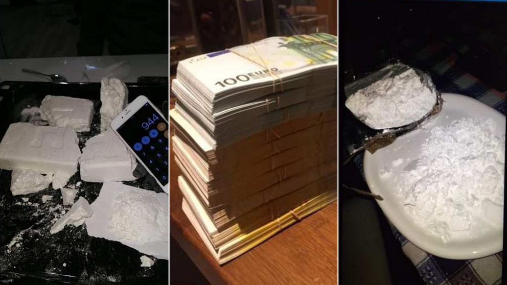 Bild med tre sektioner som visar relaterade teman: 1. En yta med vit substans och en smartphone, antas vara ett slags pulver. 2. En hög med buntade sedlar som visar en stapel av 100-euro-sedlar. 3. En tallrik med vit substans som liknar det i första sektionen, med en sked som ligger bredvid.