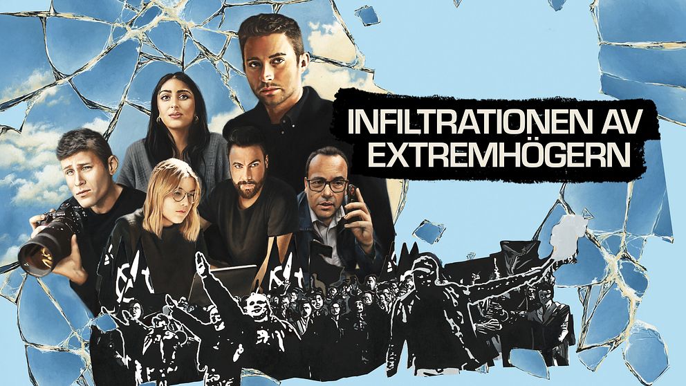 Delad bild med två sektioner: Den övre delen visar en grupp människor med suddiga ansikten mot en bakgrund av krossat glas, vilket ger en känsla av dramatik och anonymitet. Den nedre delen är ett collage av svarta och vita bilder av demonstranter som håller flaggor och skyltar, med texten ”Infiltrationen av extremhögern” i vitt mot en svart bakgrund, vilket antyder temat infiltration och extremism.