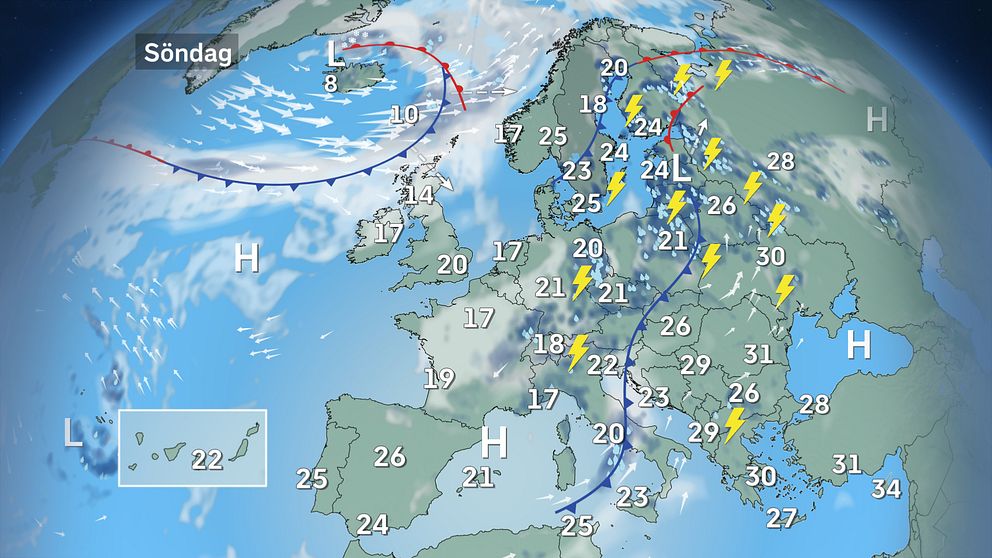 Prognoskarta som visar väderläget i Europa på söndag.