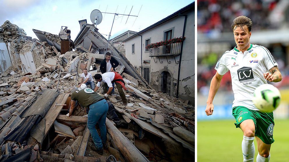 Förödelse efter jordbävning i Italien och bild på Melker Hallberg som befinner sig i Italien.