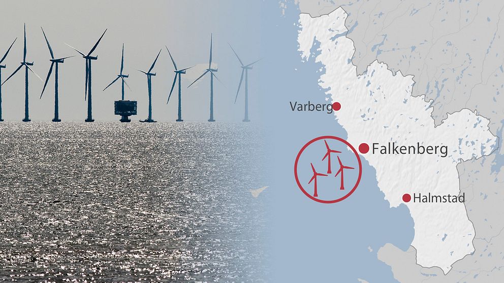 Vindkraftverk till havs/ karta över Kattegatt offshore utanför Falkenberg på Hallandskusten