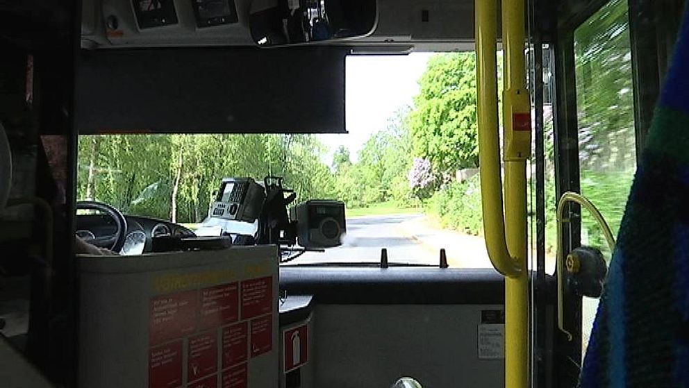 landsväg sedd genom vindruta på buss på landsbygden
