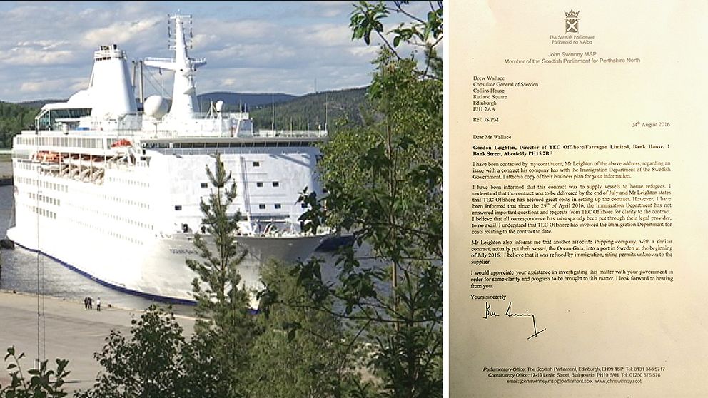 Montagebild på det vita asylfartyget Ocean Gala och det skotska brevet.