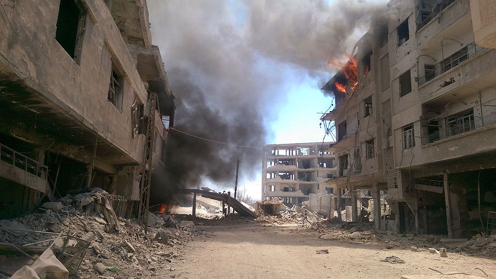 Skador efter ett flyganfall i Daraya den 16 augusti i år.