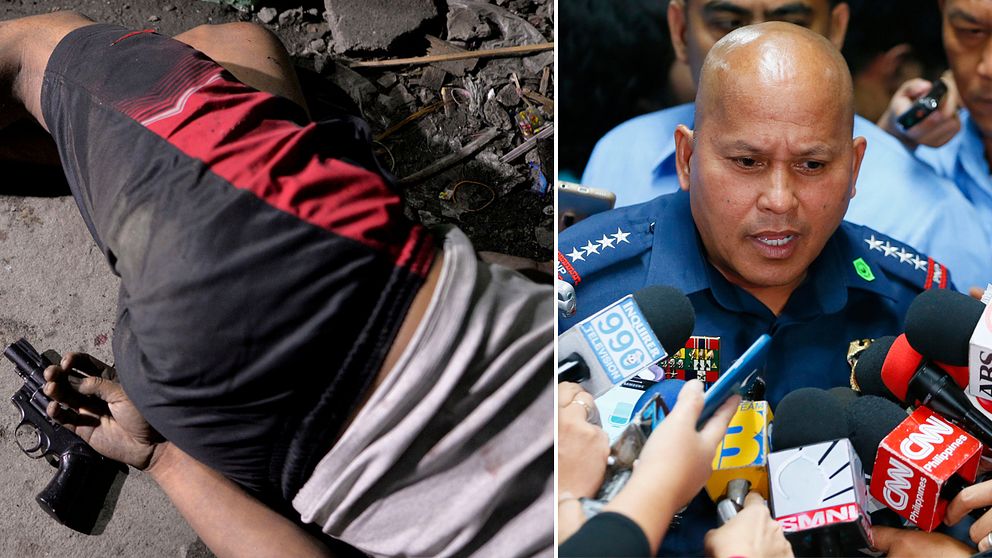 Till vänster en avliden person, till höger Filippinernas högste polischef Ronald dela Rosa.