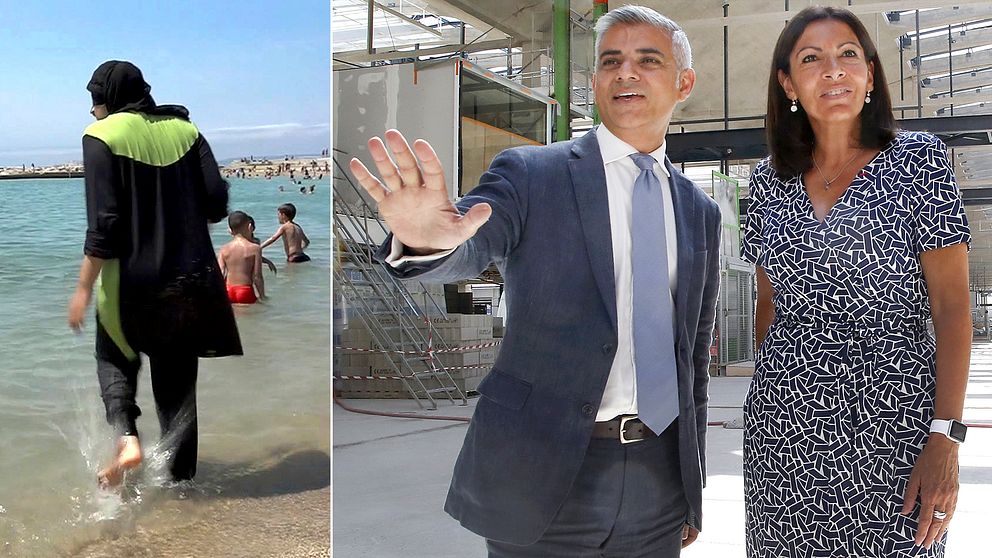 Paris borgmästare Anne Hidalgo (till höger) tog emot Londons motsvarighet, Sadiq Khan, i den franska huvudstaden – vid pressträffen fick de båda borgmästarna frågor om hur de ställer sig de burkini-förbud som införts i flera franska kommuner.