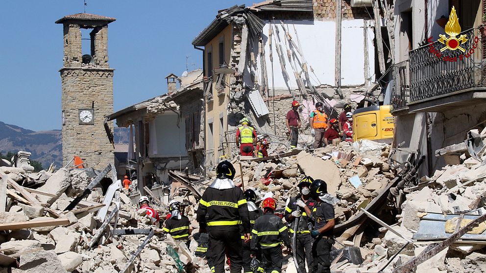 Klocktornet i staden Amatrice – där bara klocktornet står kvar efter den krafitga jordbävningen den 24 augusti.