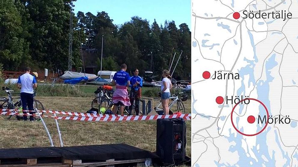 Triathlondeltagare och en karta som visar var Mörkö i Södertälje ligger.