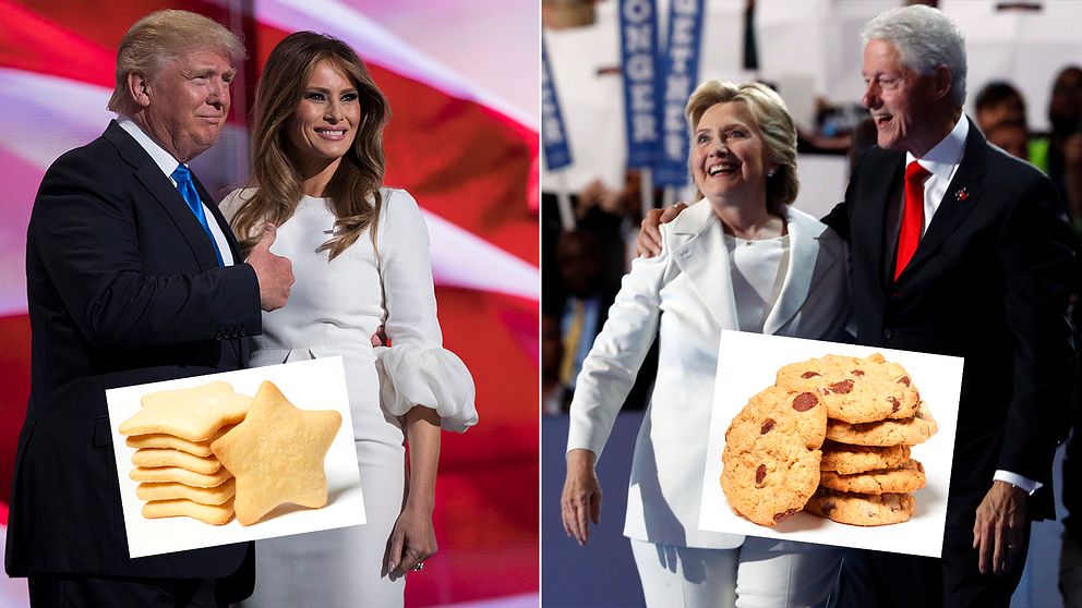 Donald Trumps hustru Melania tävlar i kaktävlingen med sina gräddfilskakor formade som stjärnor, Bill Clinton ställer upp med ”familjen Clintons chocolate chip cookies”.