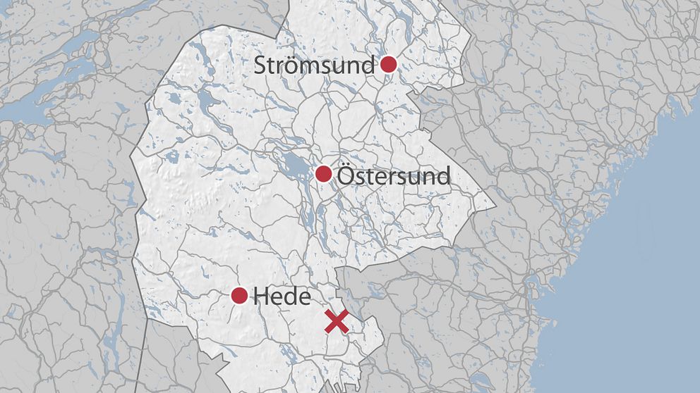 En karta över jämtland där Ytterhogdal är markerat med ett kryss.